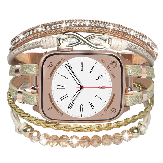 Leather Beaded Rhinestone Boho Apple Watch Strap